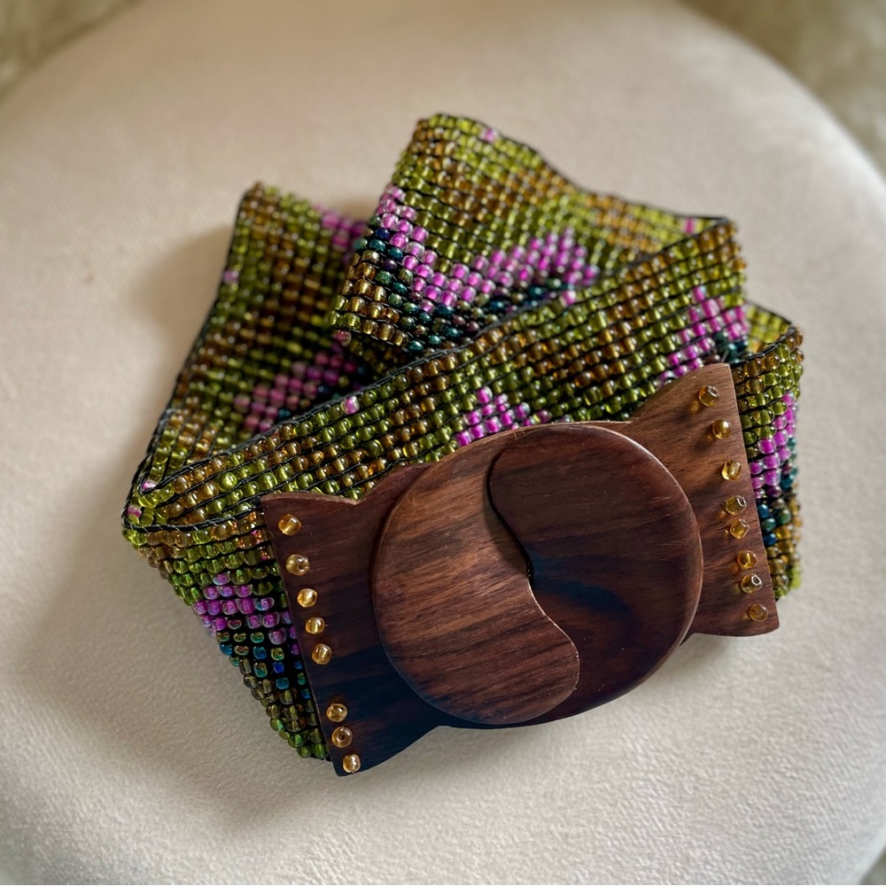 Anthropologie - Multi Colored Glass Beaded Belt with Wooden Buckle